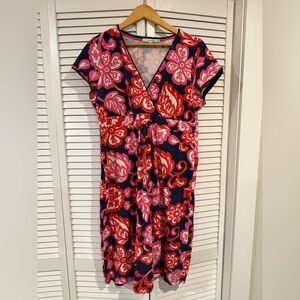 Boden Floral V-Neck Midi Dress - Red and Pink Size 12 Long